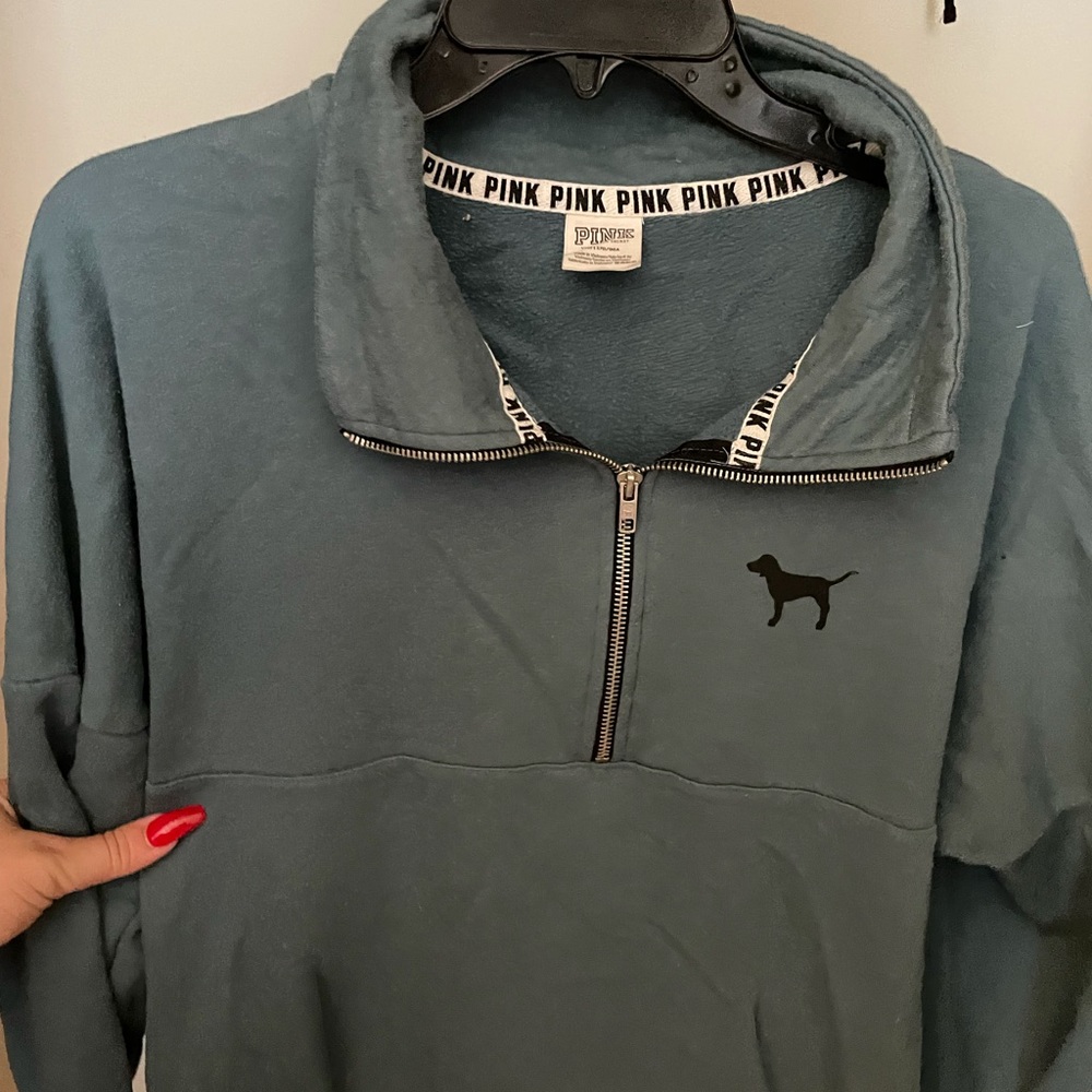 VS pink quarter zip with marble lettering